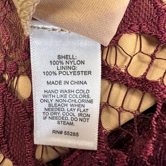 Express Women's Lace Overlay Short Sleeve Scalloped Hem Top Wine/Nude XS New - Picture 9 of 9